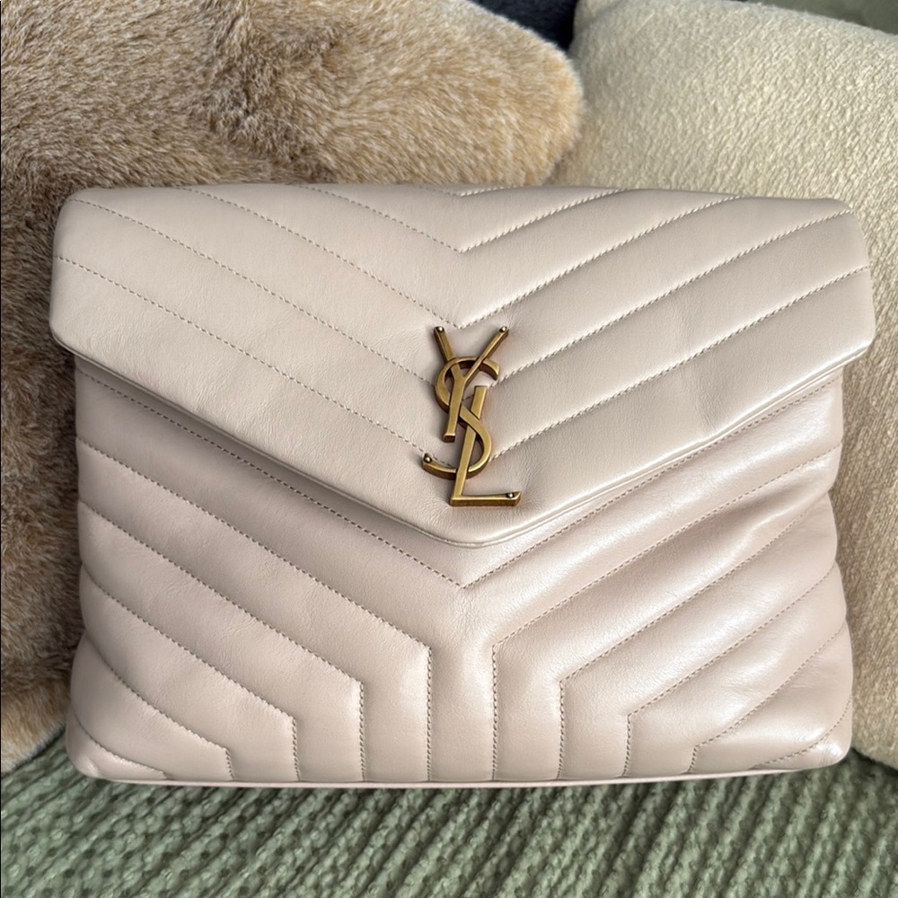 Authentic Yves Saint Laurent Cream Chevron Quilted Clutch